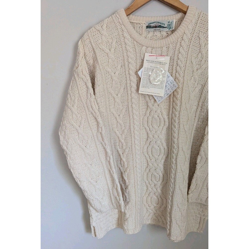 NWT Ivory Merino Wool ARAN CRAFTS Crew Neck Fisherman Knit Pullover Sweater XL